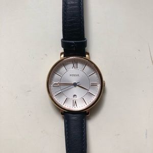 Fossil Navy Blue & Rose Gold Genuine Leather Watch